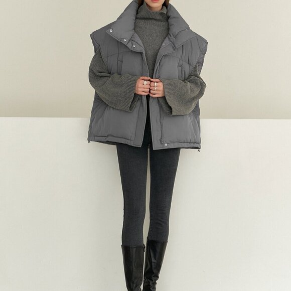 Grey Casual Women's Drawstring Hem Sleeveless Zip Front Puffer Pockets Coat - Picture 5 of 8